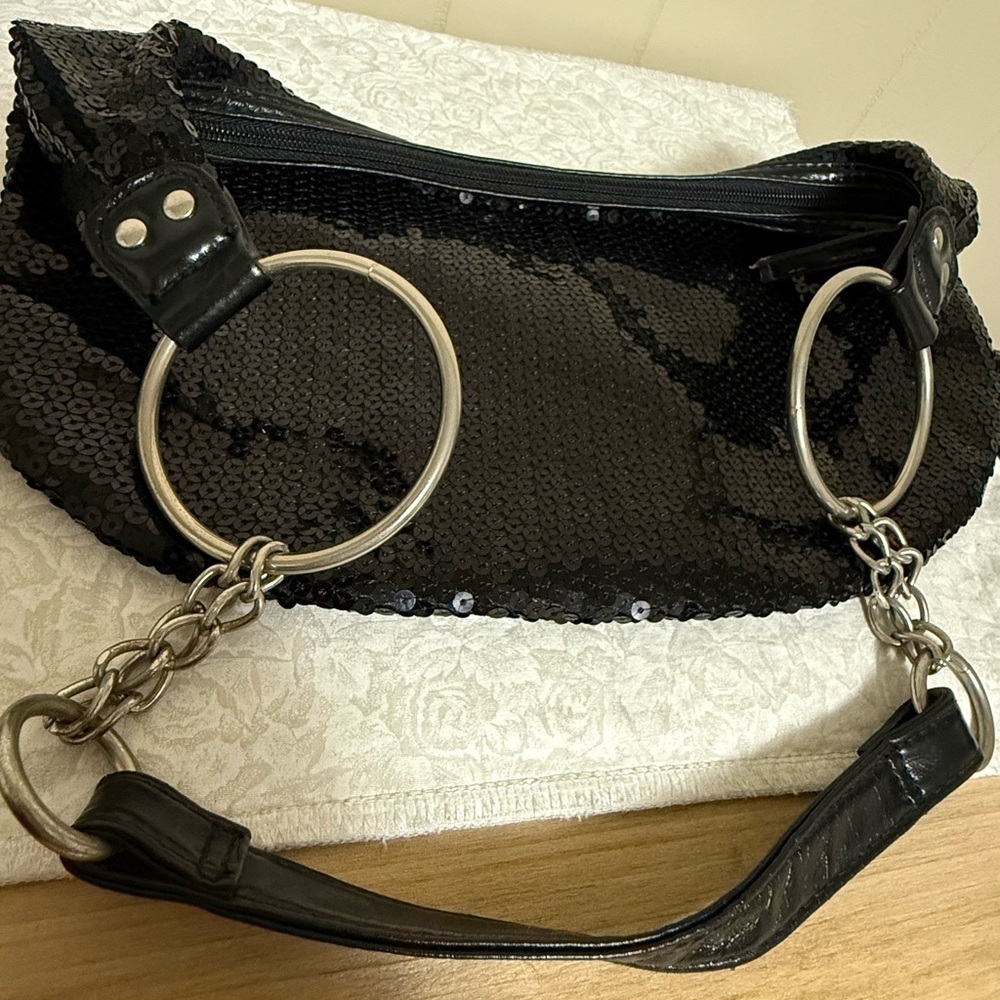 Y2K Unbranded Black Sequin Shoulder Bag Purse With Chain 90s Old Money Preppy - Picture 2 of 6